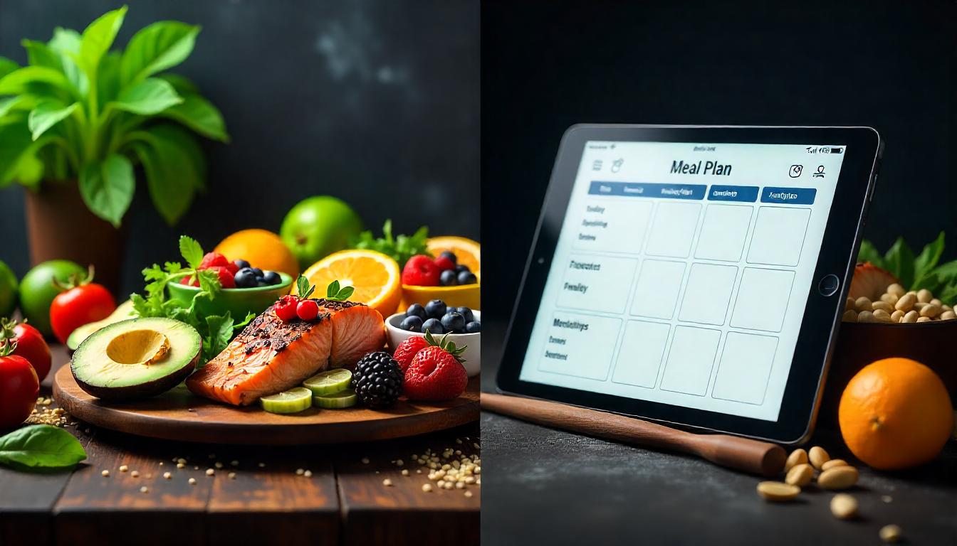 Balanced diet meal plan for weight loss guide featuring vibrant healthy foods.